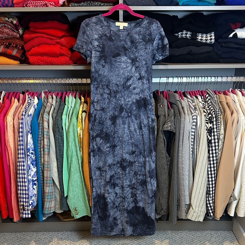 Michael Kors 100% linen blue floral tie dye short sleeve midi dress size XS